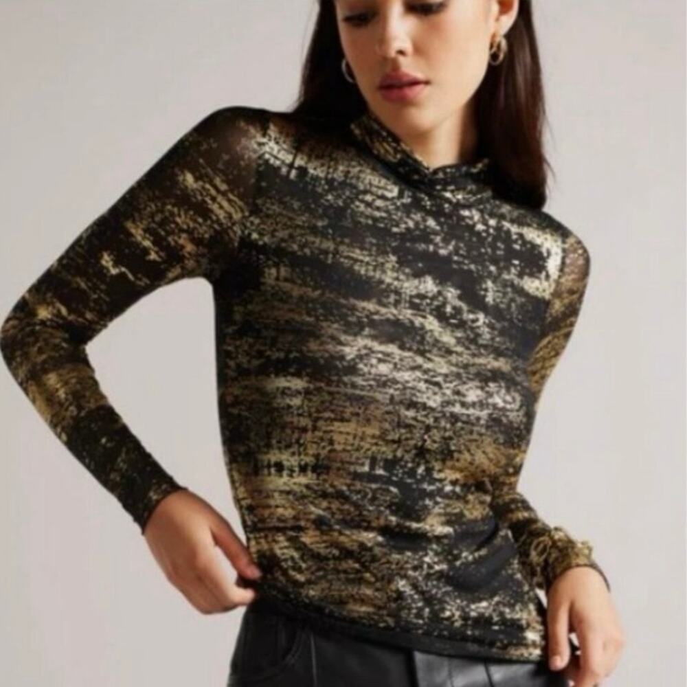 Ted Baker London Sofiy Foil Print Mesh High Neck Top Sz 5 Black Gold  Glam